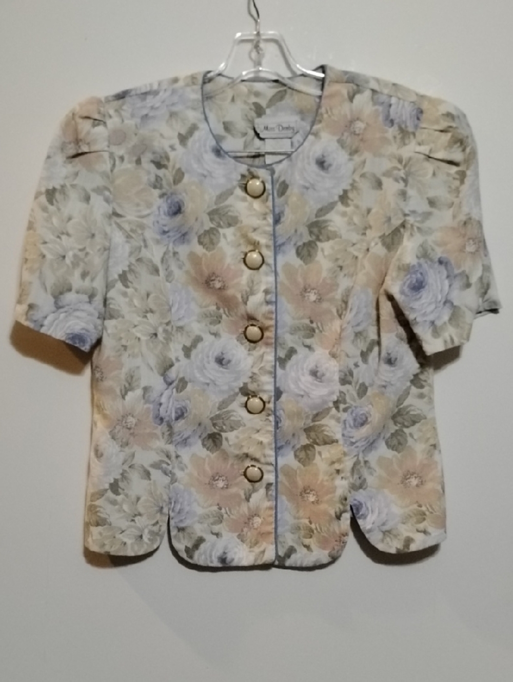 Miss Dorby Floral Button Front Blouse in Pastel Blue & Peach Retro USA 14P